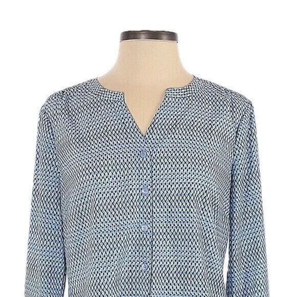 Talbots Blue Tie Front Geometric Print Button Down Blouse Size LP - Picture 4 of 10